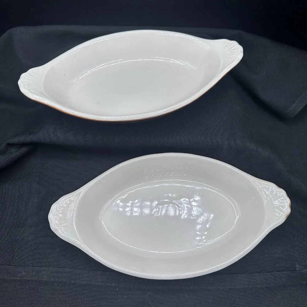 Oval Au Gratin Dishes Hall Pottery USA #528 Brown Shell Handle 9.5″ Vtg Set of 2